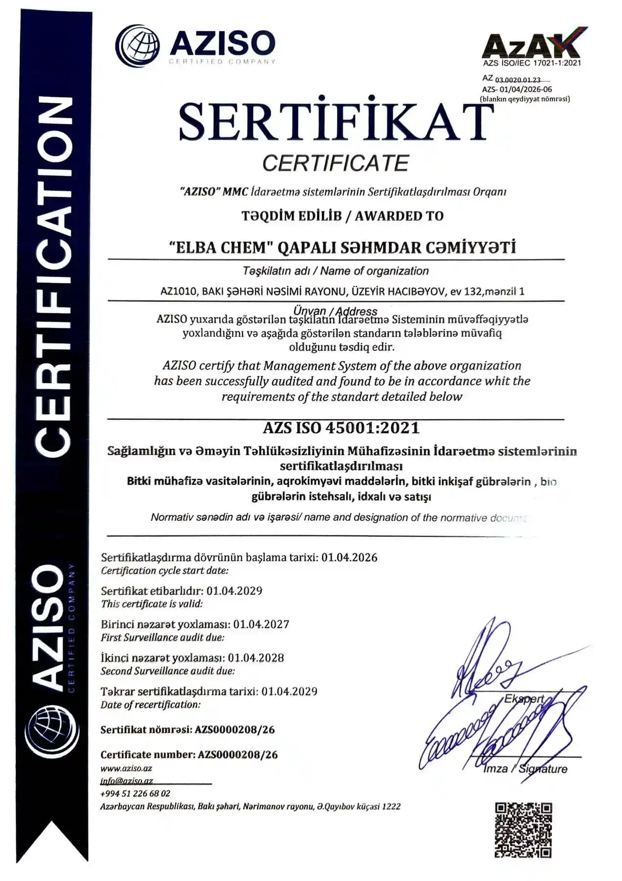 ISO 45001:2021 — ELBA CHEM sertifikatı